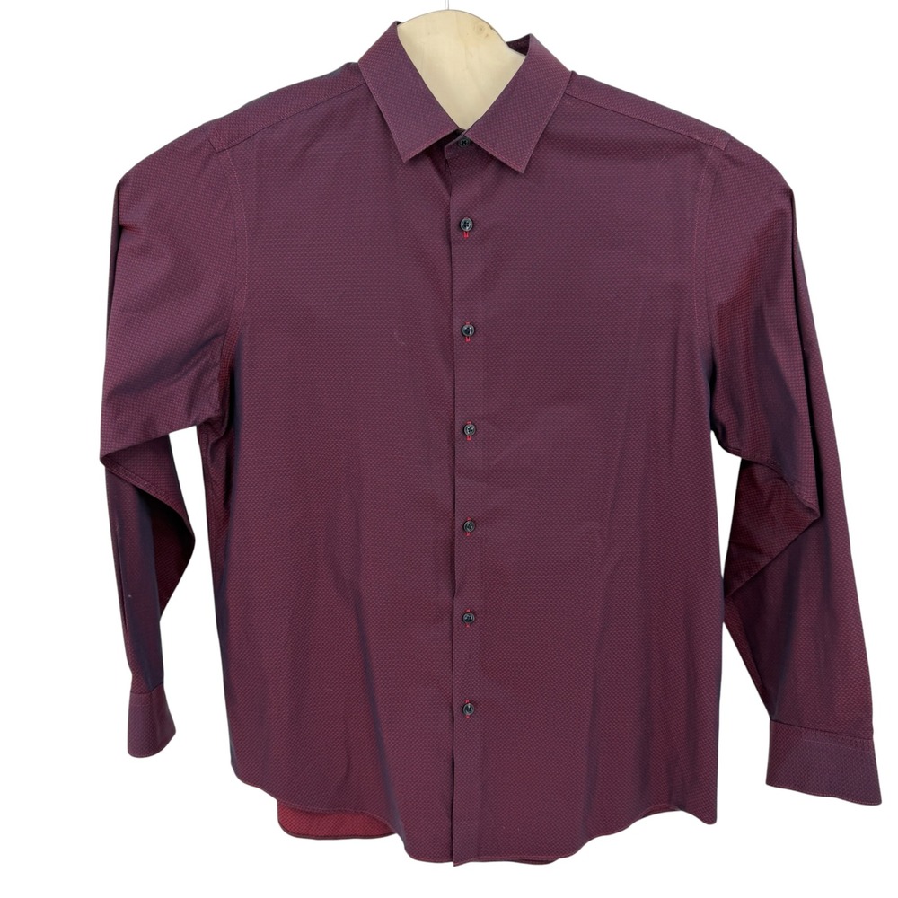 Hart Schaffner Marx Button Down Shirt Mens Large Burgundy Herringbone Cotton